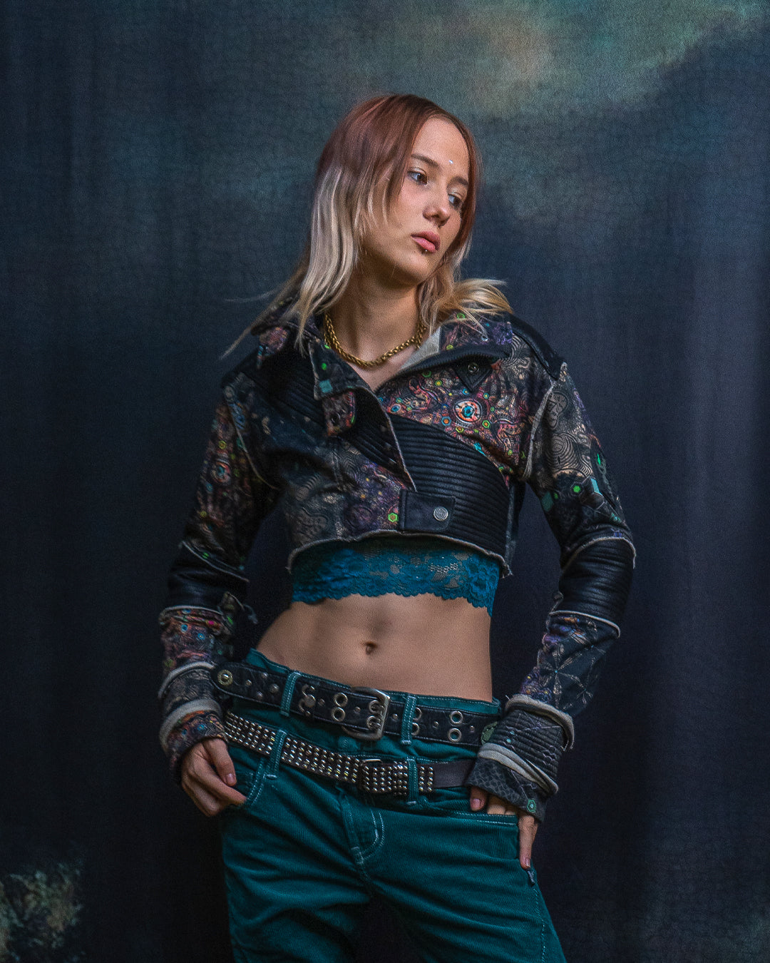 Crop Jacket Woman Neotokyo Punk / Cotton Looper Fake Leather - PSYCHEDELIKA GALACTIKA